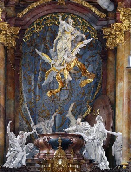 Hochaltar der Asamkirche: Mariä Himmelfahrt von Egid Quirin Asam, Engel tragen Maria empor