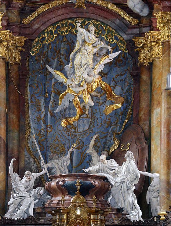 Hochaltar der Asamkirche: Mariä Himmelfahrt von Egid Quirin Asam, Engel tragen Maria empor